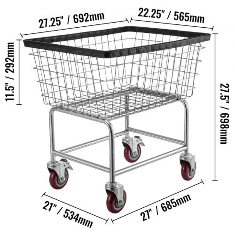 2.5 Bushel Wire Laundry Basket with Wheels, 21"x27"x27.5" Commercial Laundry Cart – Heavy-Duty Steel Frame