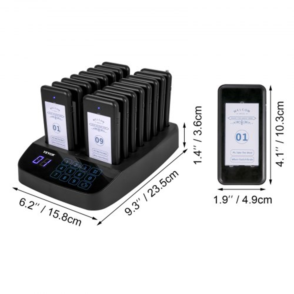 F101 Restaurant Pager System, 16 Pagers with 98-Channel Wireless Calling Base for Restaurants, Hospitals & Hotels
