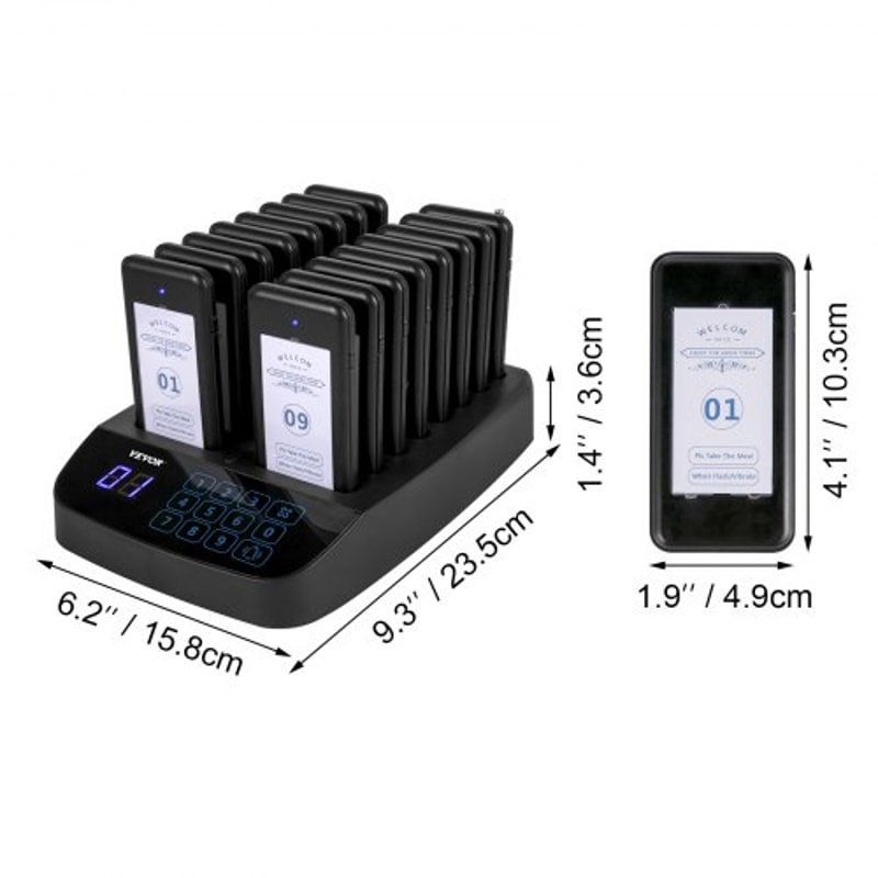 F101 Restaurant Pager System, 16 Pagers with 98-Channel Wireless Calling Base for Restaurants, Hospitals & Hotels