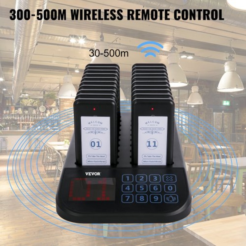 20-Pager Wireless Restaurant Paging System, F103 Model with Touch Keyboard, 500m Range & Rechargeable Batteries