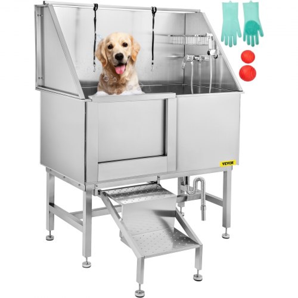 Stainless Steel Dog Washing Station 50 Pet Grooming Tub With Left Door Adjustable Sprayer NonSlip 1