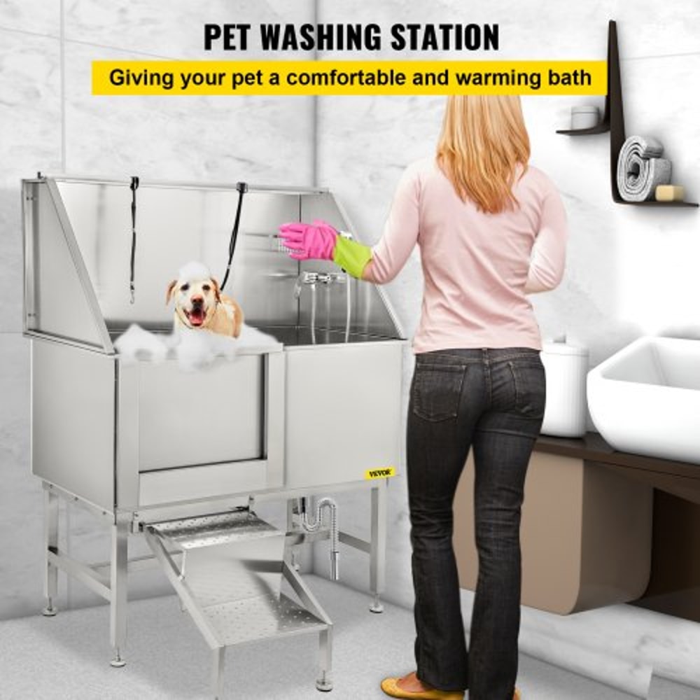 Stainless Steel Dog Washing Station 50 Pet Grooming Tub With Left Door Adjustable Sprayer NonSlip 2