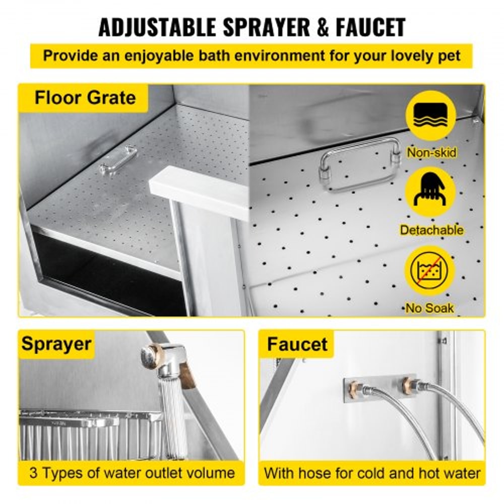 Stainless Steel Dog Washing Station 50 Pet Grooming Tub With Left Door Adjustable Sprayer NonSlip 5