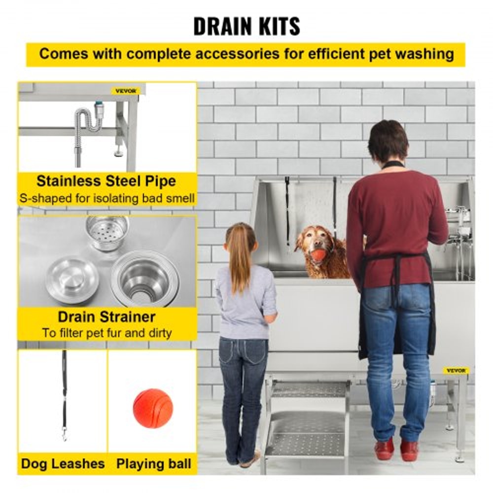 Stainless Steel Dog Washing Station 50 Pet Grooming Tub With Left Door Adjustable Sprayer NonSlip 6