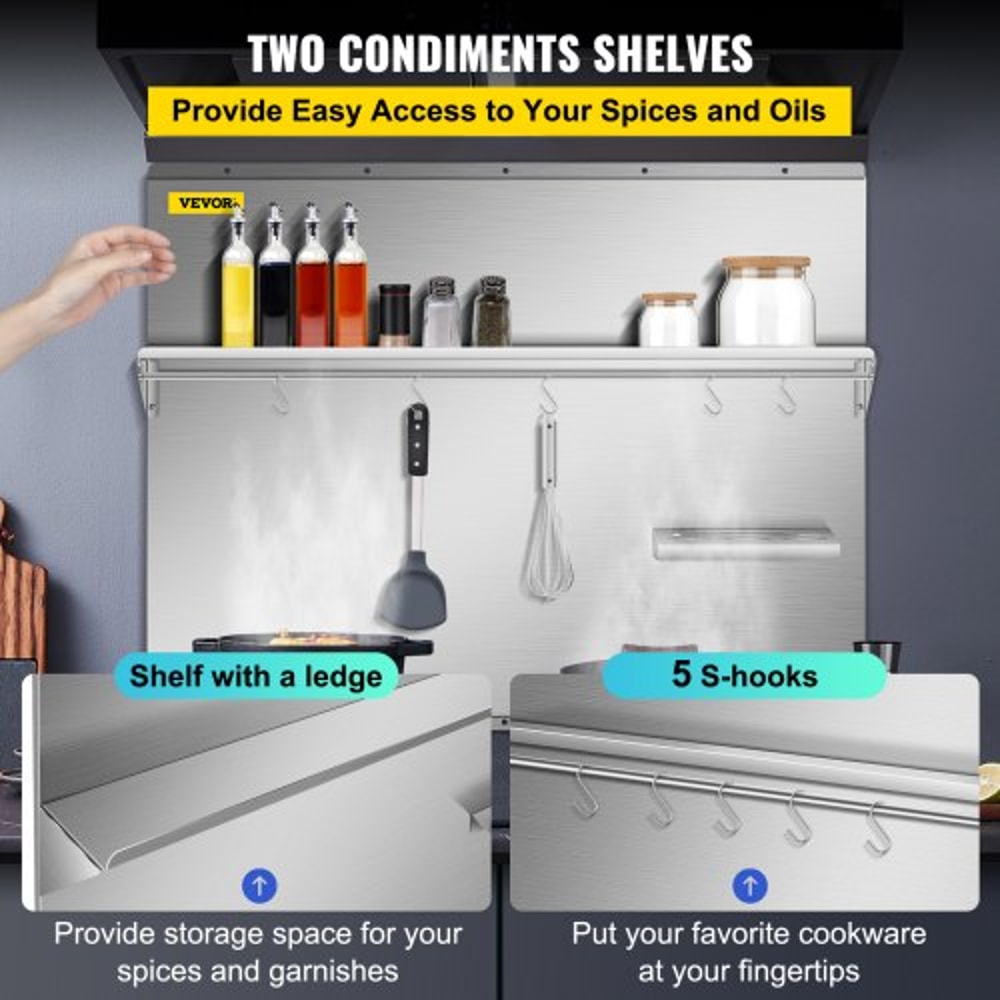 36 X 307 Stainless Steel Backsplash For Range Hood Silver Splash Plate With Builtin Storage Shelf 5