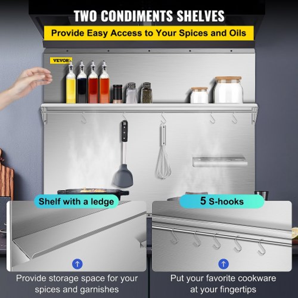 Stainless Steel Range Hood Backsplash 36x30 Inch Silver Splash Plate With Storage Shelf Knife Holde 5