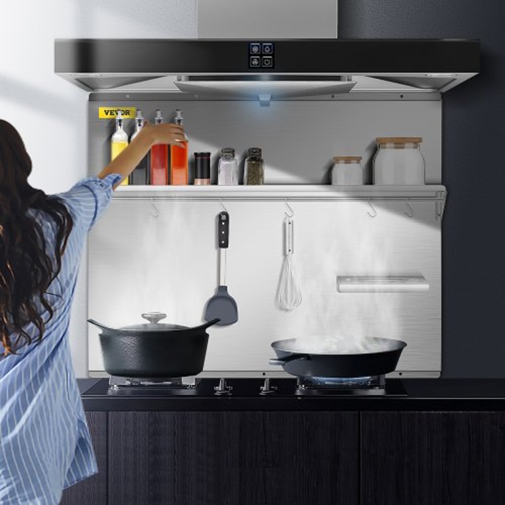 Stainless Steel Range Hood Backsplash 36x30 Inch Silver Splash Plate With Storage Shelf Knife Holde 1