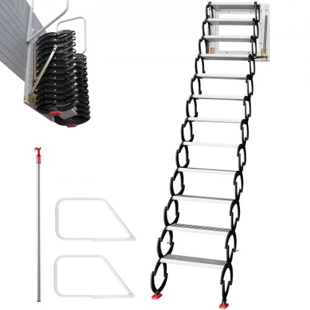 Black Pulldown Attic Stairs 12Step WallMounted Folding Stairs For Attic Retractable Ladder With Arm 1