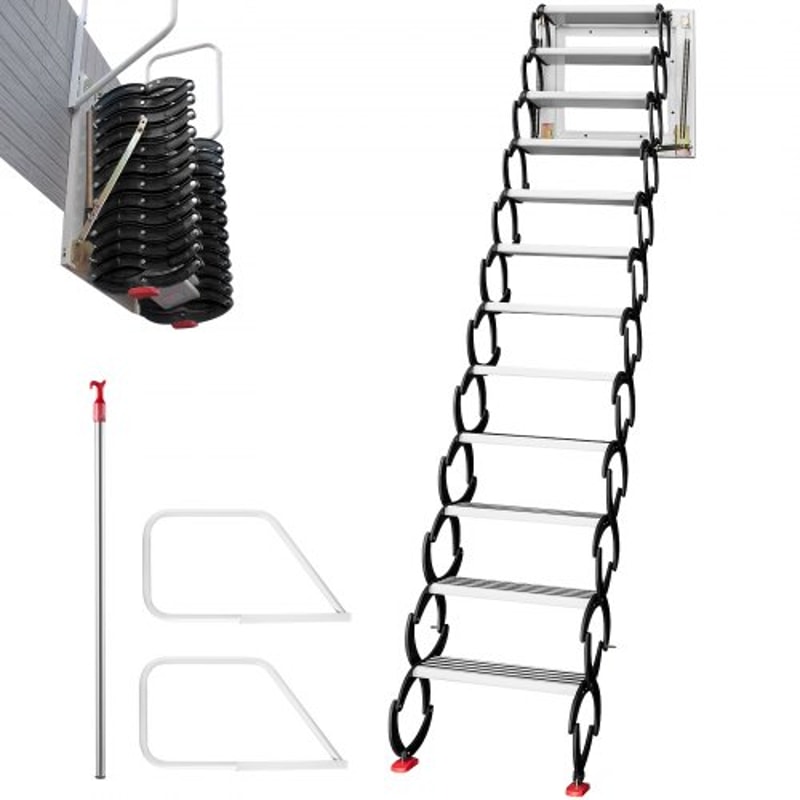 Black Pulldown Attic Stairs 12Step WallMounted Folding Stairs For Attic Retractable Ladder With Arm 1