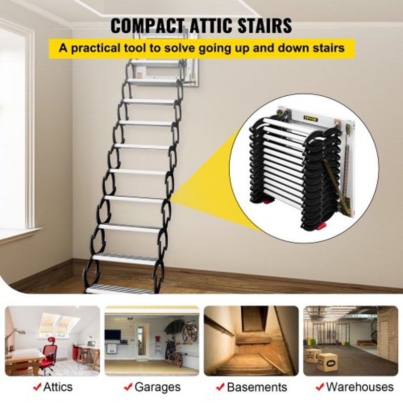 Black Pulldown Attic Stairs 12Step WallMounted Folding Stairs For Attic Retractable Ladder With Arm 2