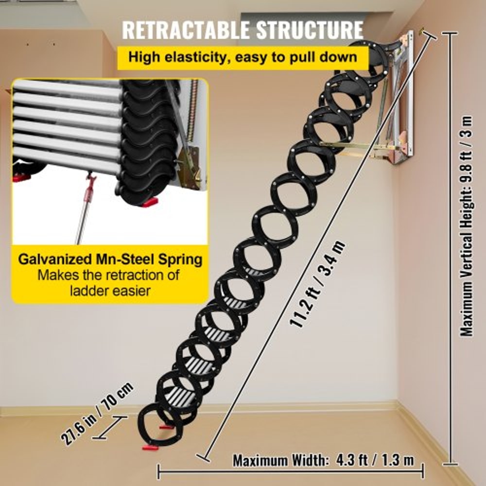 Black Pulldown Attic Stairs 12Step WallMounted Folding Stairs For Attic Retractable Ladder With Arm 4