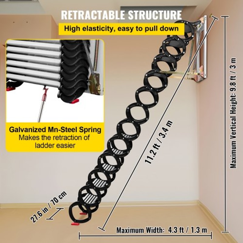 Black Pulldown Attic Stairs 12Step WallMounted Folding Stairs For Attic Retractable Ladder With Arm 4