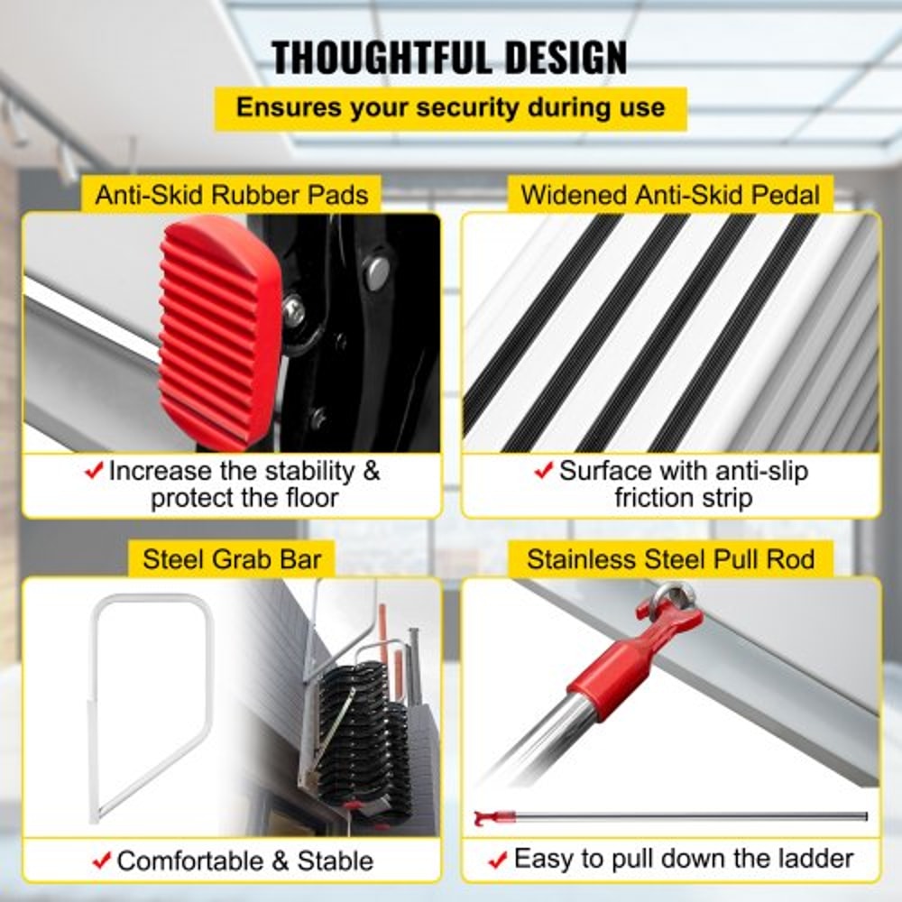 Black Pulldown Attic Stairs 12Step WallMounted Folding Stairs For Attic Retractable Ladder With Arm 5