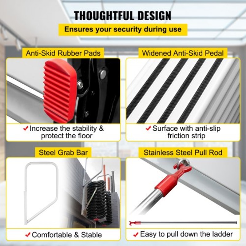 Black Pulldown Attic Stairs 12Step WallMounted Folding Stairs For Attic Retractable Ladder With Arm 5