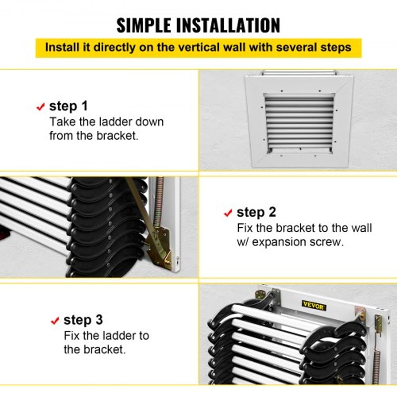 Black Pulldown Attic Stairs 12Step WallMounted Folding Stairs For Attic Retractable Ladder With Arm 6