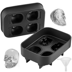 skull ice cube tray, grid flexible black silicone ice mold with lid & funnel for whiskey, cocktails, chocolate