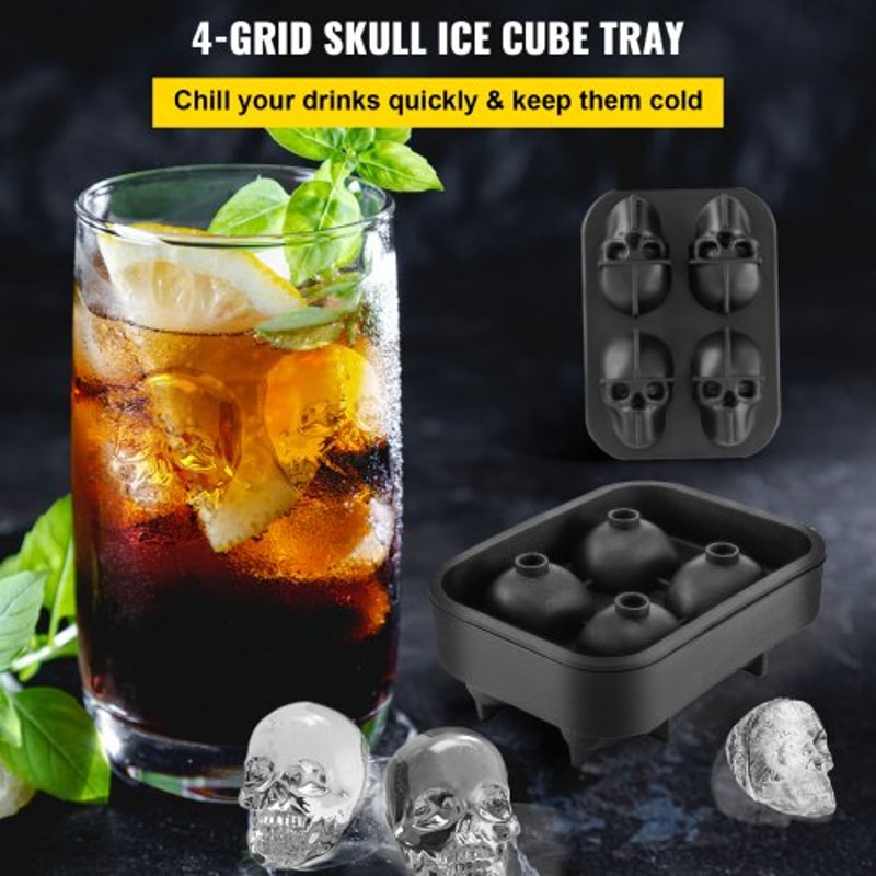 Skull Ice Cube Tray, Grid Flexible Black Silicone Ice Mold with Lid & Funnel for Whiskey, Cocktails, Chocolate