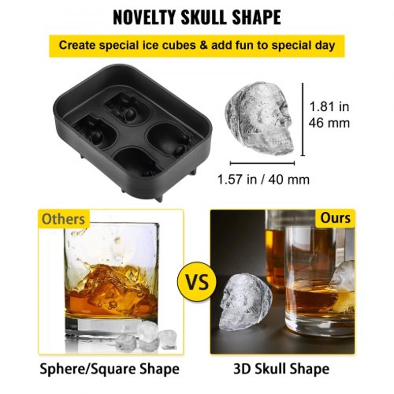 Skull Ice Cube Tray, Grid Flexible Black Silicone Ice Mold with Lid & Funnel for Whiskey, Cocktails, Chocolate