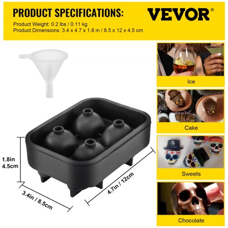 Skull Ice Cube Tray, Grid Flexible Black Silicone Ice Mold with Lid & Funnel for Whiskey, Cocktails, Chocolate