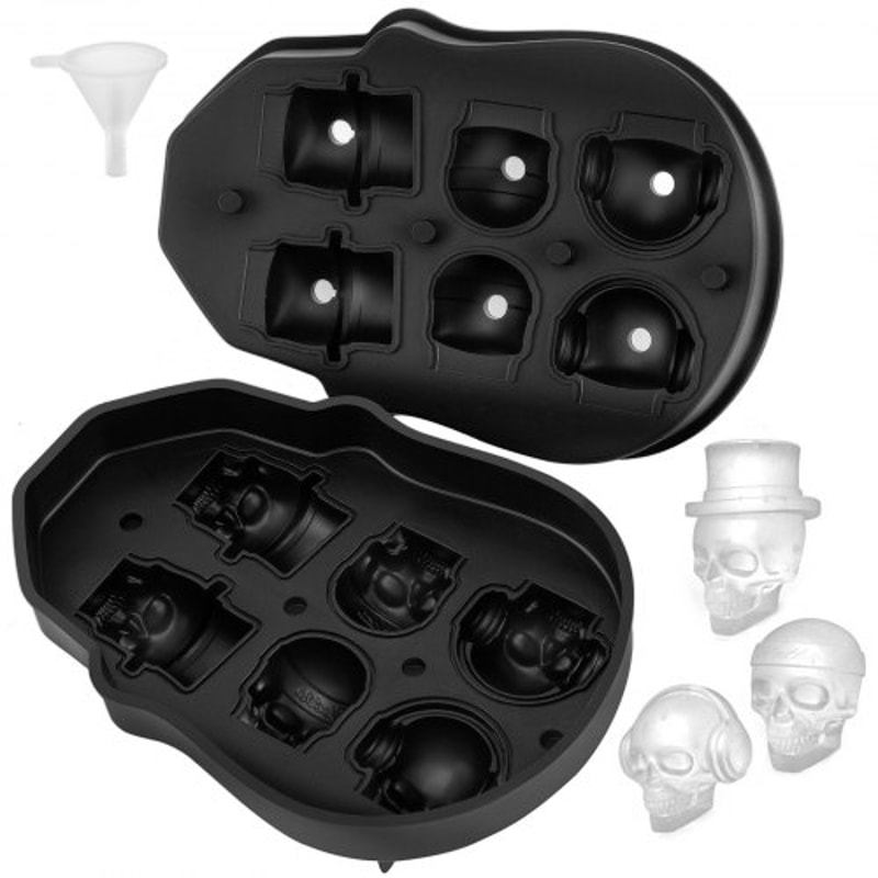 Skull Ice Cube Tray, Grid Skull Ice Ball Maker, Flexible Black Silicone Ice Tray with Lid & Funnel for Halloween