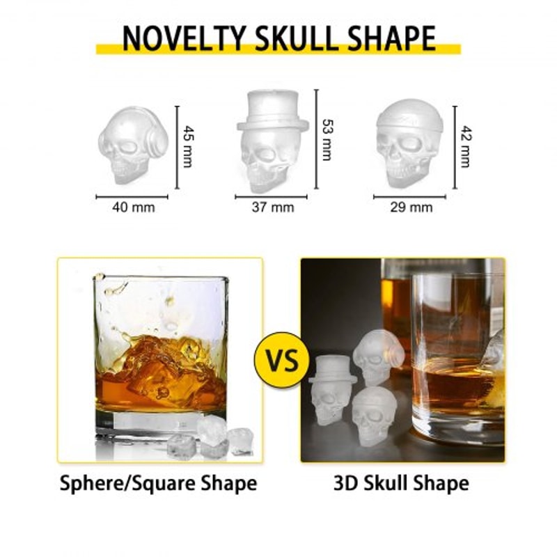Skull Ice Cube Tray, Grid Skull Ice Ball Maker, Flexible Black Silicone Ice Tray with Lid & Funnel for Halloween