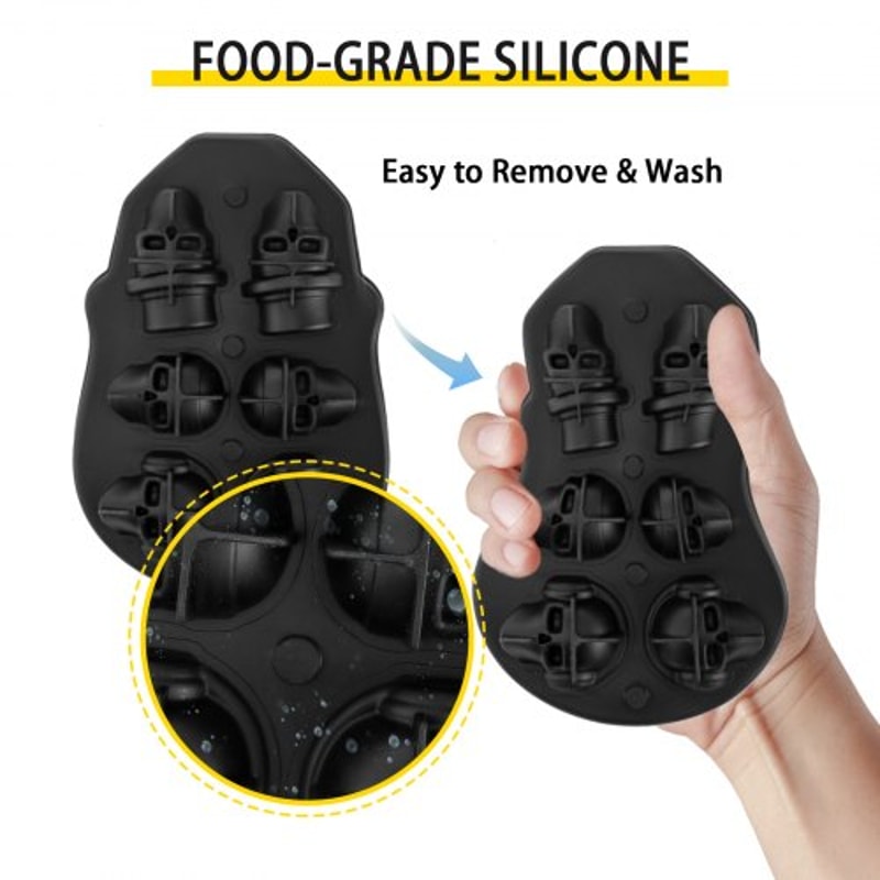 Skull Ice Cube Tray, Grid Skull Ice Ball Maker, Flexible Black Silicone Ice Tray with Lid & Funnel for Halloween