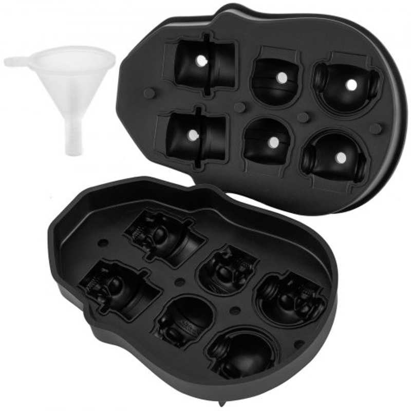 Skull Ice Cube Tray, Grid Skull Ice Ball Maker, Flexible Black Silicone Ice Tray with Lid & Funnel for Halloween