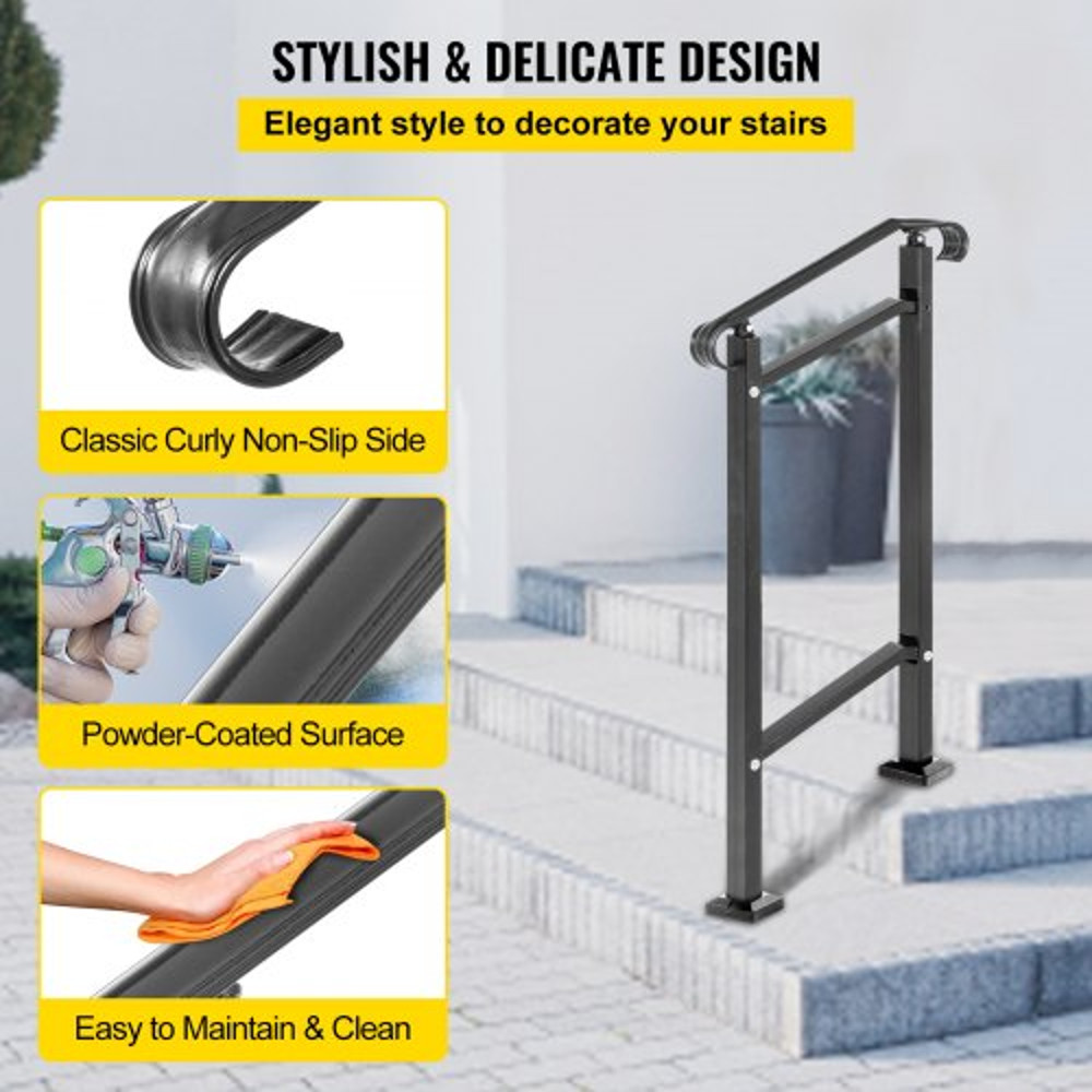 Wrought Iron Handrail for Outdoor Stair Railing with Adjustable Front Porch Railings for Concrete Steps or Wood Stairs