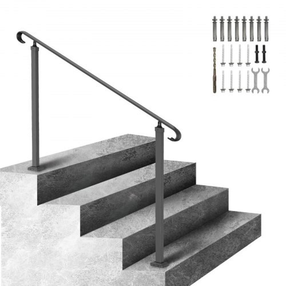 Flexible Wrought Iron Handrail for Outdoor Steps, Black Transitional Stair Railing for Concrete Steps or Wooden Stairs