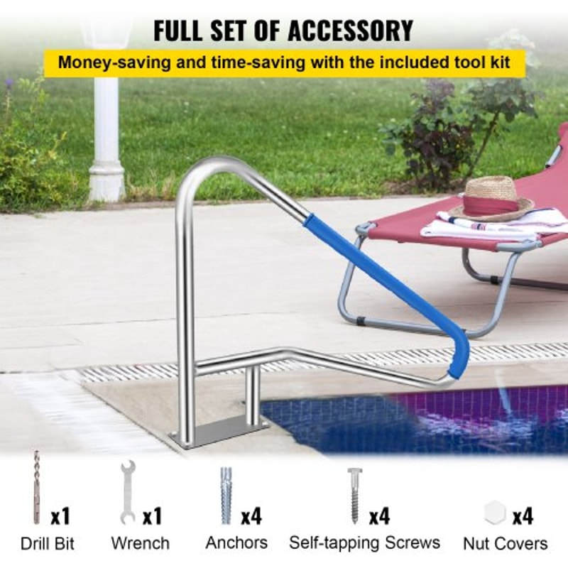 Pool Handrail, Stainless Steel Rustproof Pool Rail with Blue Grip Cover, 250LBS Capacity, Humanized Pool Railing