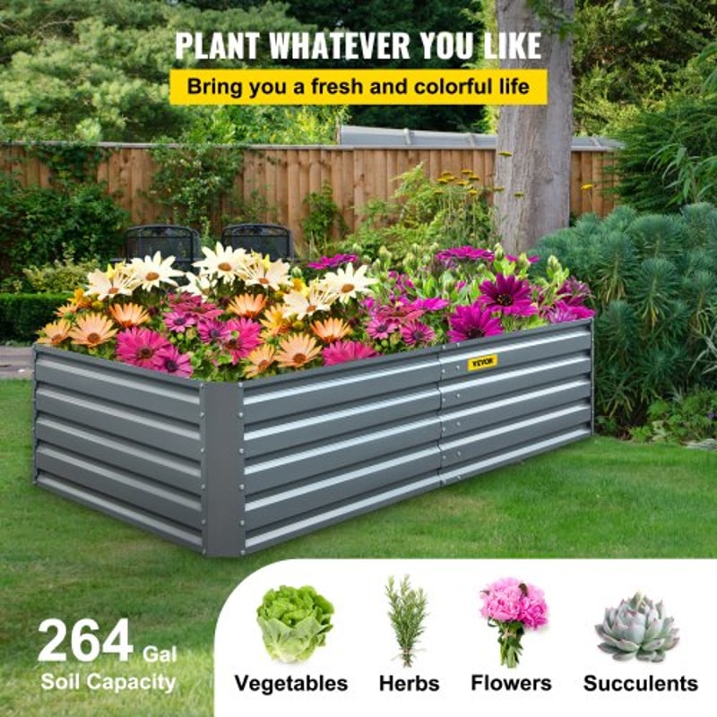 Galvanized Raised Garden Bed, Metal Planter Box for Vegetables, Flowers, Fruits & Herbs, Steel Outdoor Garden Bed Kit