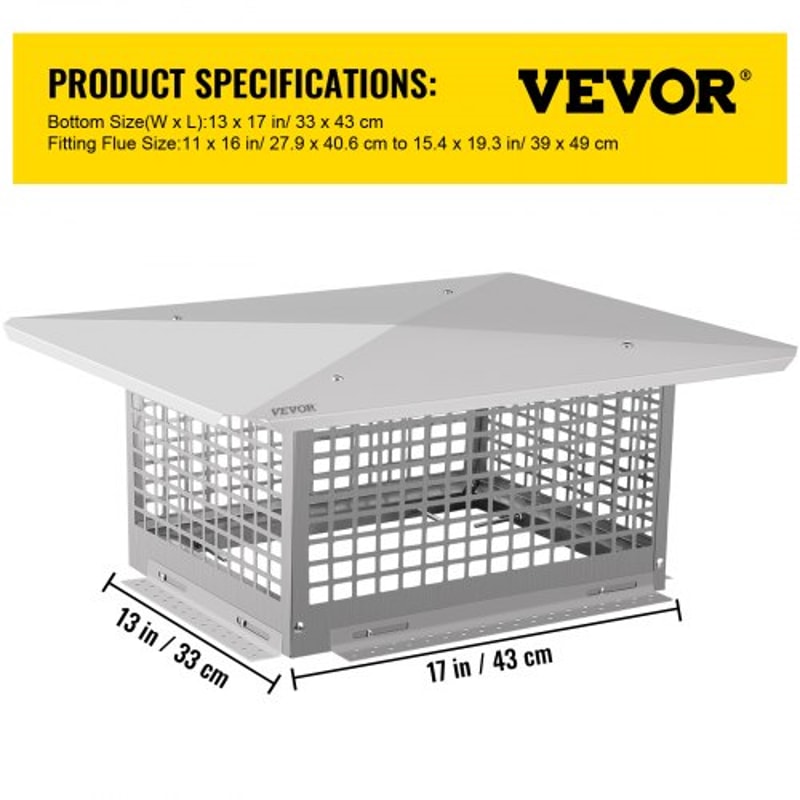 Stainless Steel Chimney Cap, Adjustable Flue Cover with Mesh Screen, Bolts & Screws, Outdoor Fireplace Spark Arrestor