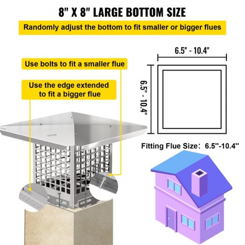 Flue Caps, Stainless Steel Chimney Cover with Bolts & Screws, Adjustable Mesh Spark Arrestor for Outdoor Fireplace