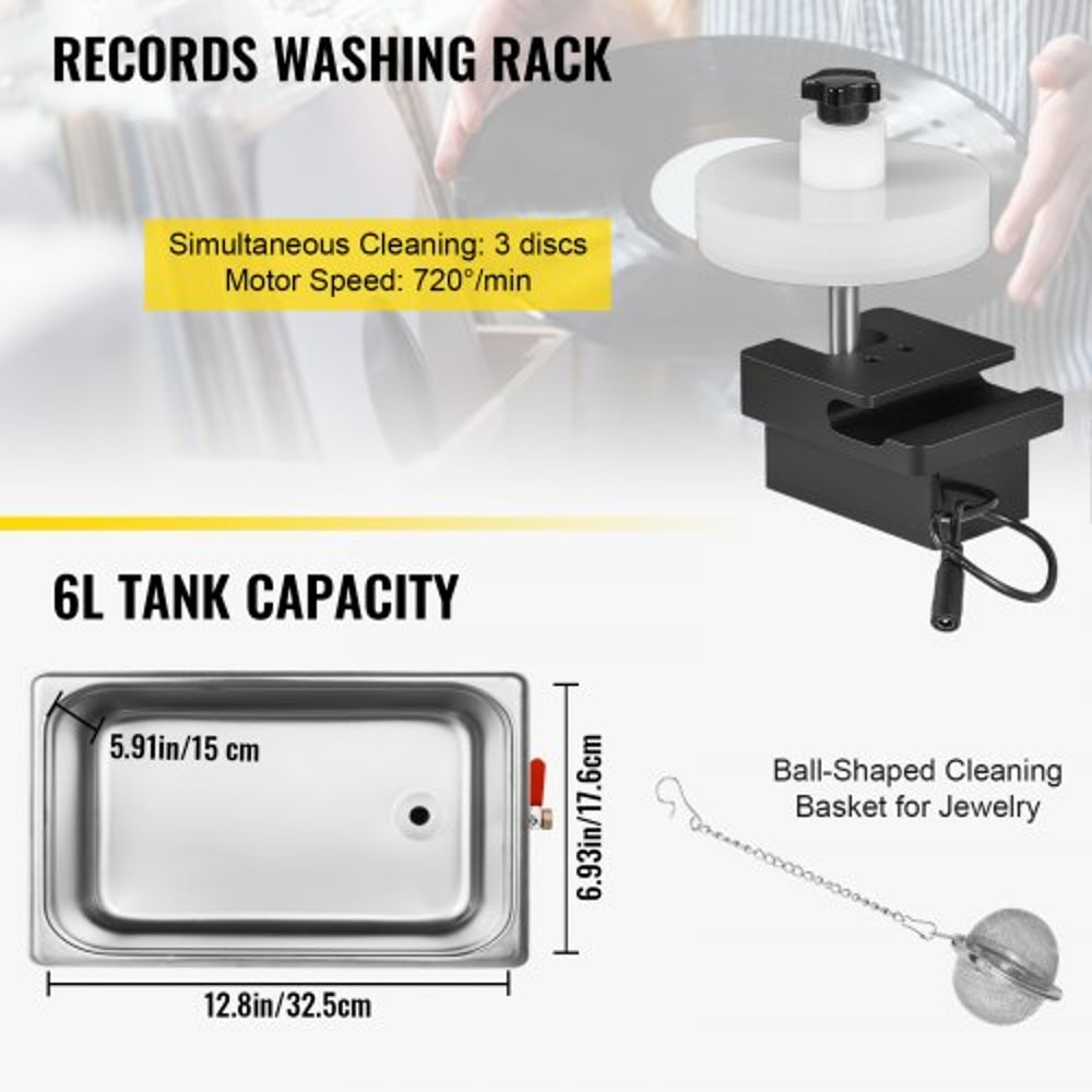6L 40kHz Vinyl Ultrasonic Cleaning Machine, Knob Control Record Cleaner w/Stainless Steel Tank, Heater & Timer