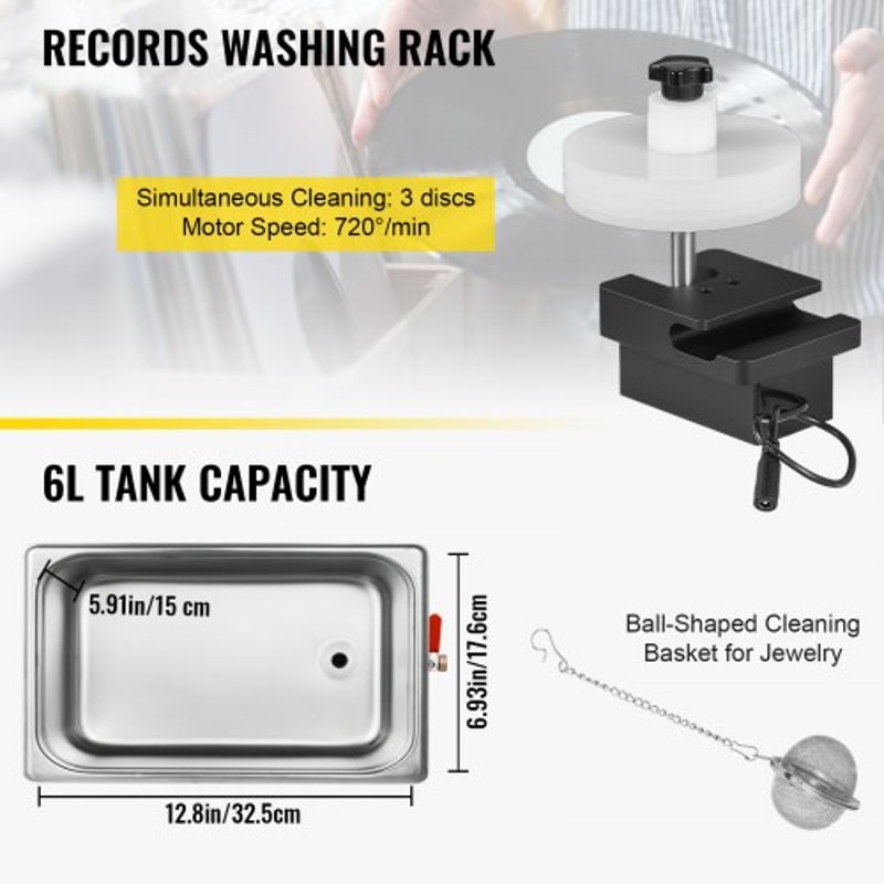 6L 40kHz Vinyl Ultrasonic Cleaning Machine, Knob Control Record Cleaner w/Stainless Steel Tank, Heater & Timer