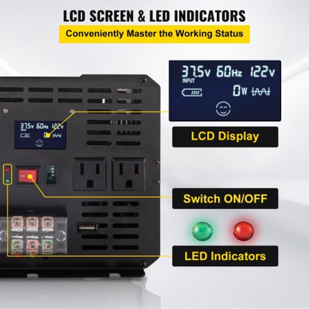 5000W Modified Sine Wave Inverter DC 12V To AC 120V Power Converter With LCD Remote Controller LED 3