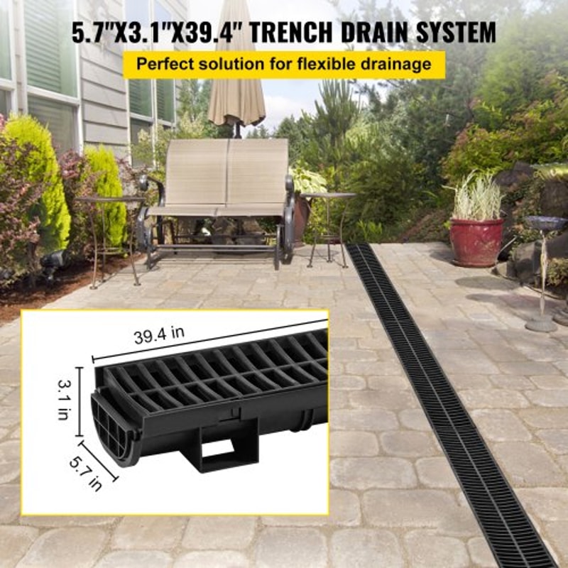5Pack Plastic Trench Drain System 57x31Inch HDPE Channel Drain With Grates End Caps HeavyDuty Wat 2