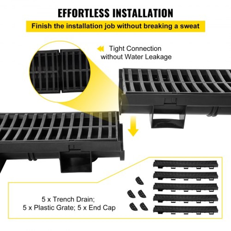 5Pack Plastic Trench Drain System 57x31Inch HDPE Channel Drain With Grates End Caps HeavyDuty Wat 3