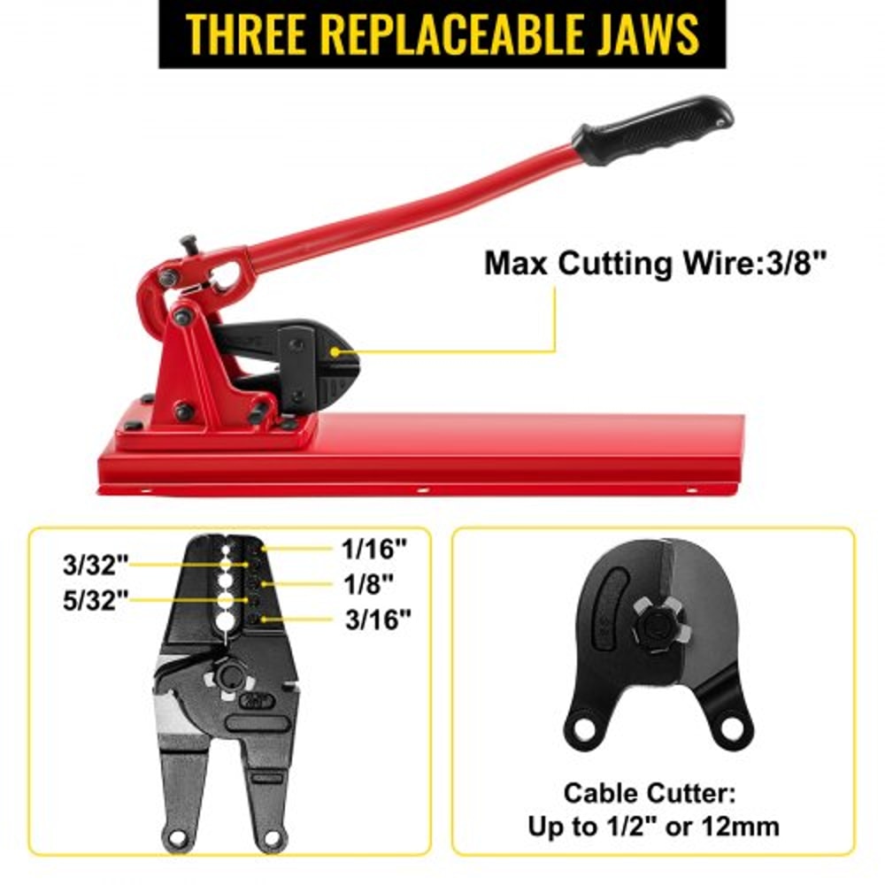 3-in-1 Bench Swaging Tool, Wire Rope Crimper, Cable Cutter & Bolt Cutter Head for 1/16"-3/16" Aluminum/Copper Sleeves