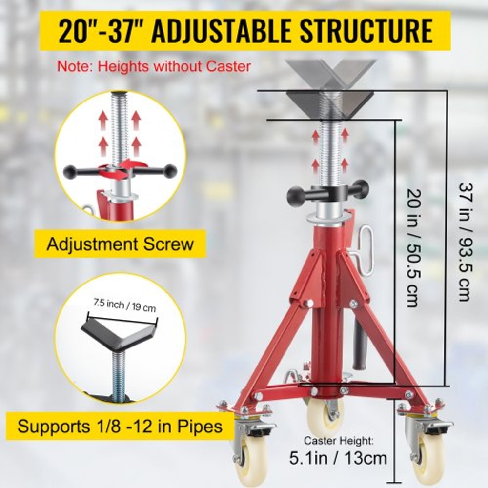 Portable Pipe Jack Stand with Casters, 20-37 Inch Adjustable Height, 882 LB Capacity, V-Head Support for 1/8 to 12 Inch
