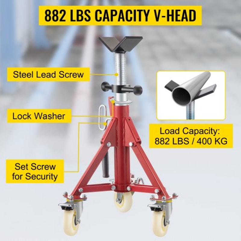 Portable Pipe Jack Stand with Casters, 20-37 Inch Adjustable Height, 882 LB Capacity, V-Head Support for 1/8 to 12 Inch