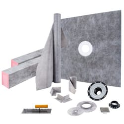premium shower curb overlay kit, central abs flange, stainless steel grate, cuttable shower curbs & trowel