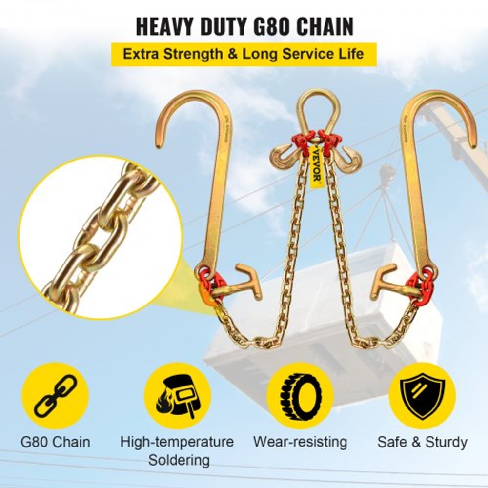 Grade V Bridle Chain, High lbs Break Strength Tow Chain Bridle with TJ Hooks, Grab Hooks, Heavy Duty Pear Link Connector