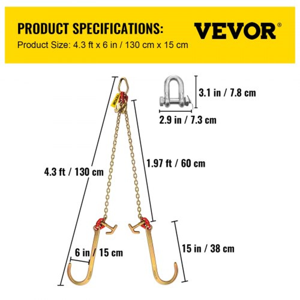 Grade V Bridle Chain, High lbs Break Strength Tow Chain Bridle with TJ Hooks, Grab Hooks, Heavy Duty Pear Link Connector