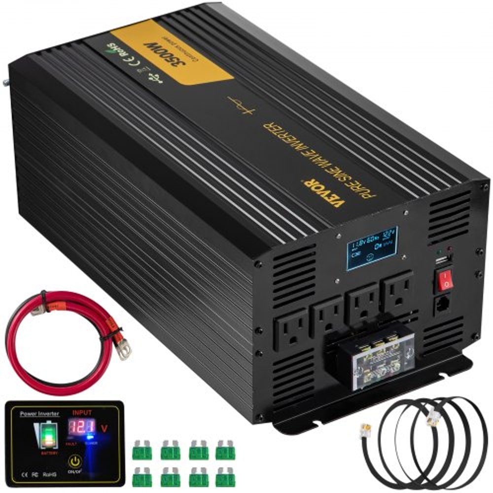 Pure Sine Wave Power Inverter, DC to AC Car Inverter with Remote Control, USB Port, LCD Screen & AC Outlets