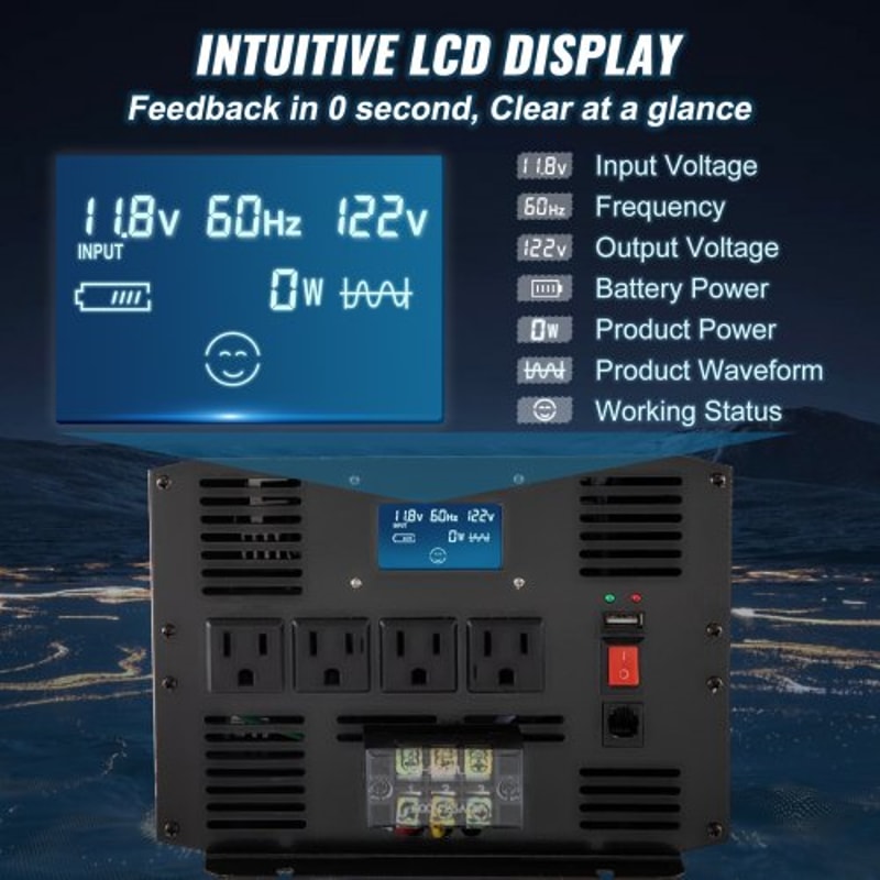 Pure Sine Wave Power Inverter, DC to AC Car Inverter with Remote Control, USB Port, LCD Screen & AC Outlets