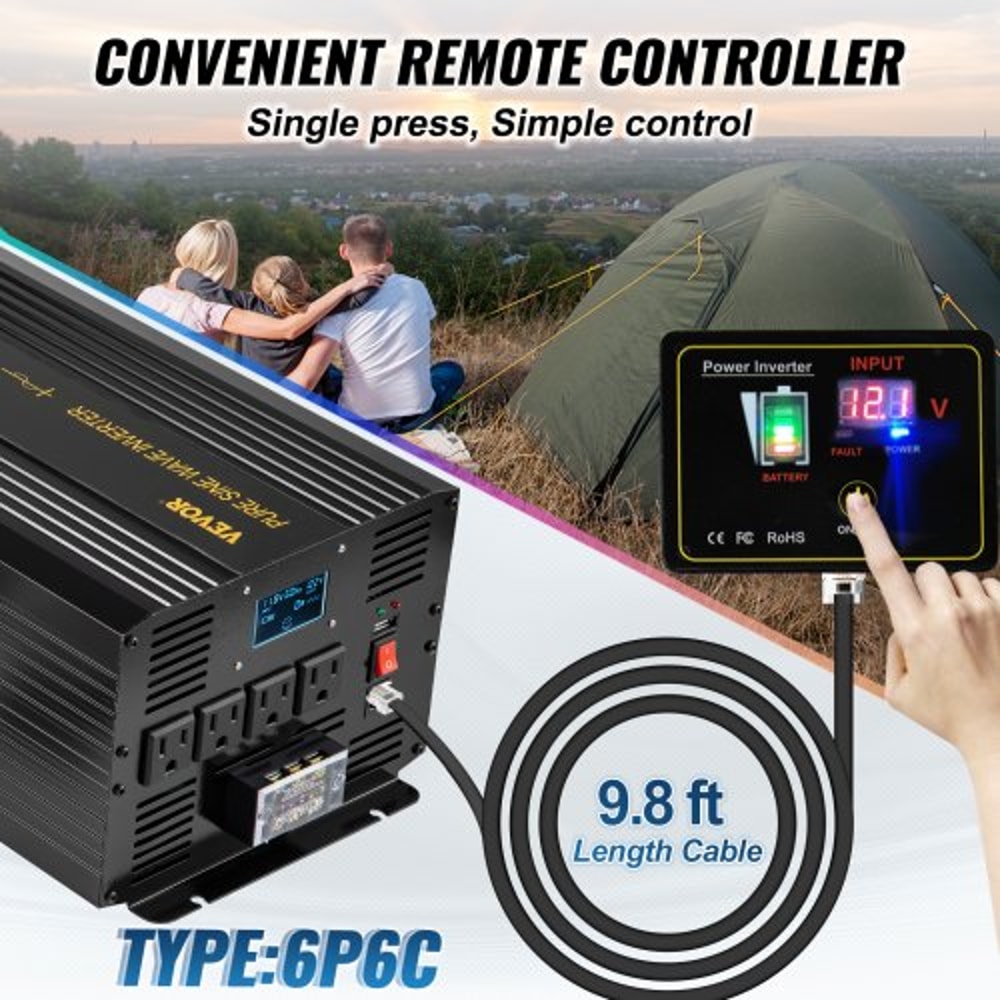 Pure Sine Wave Power Inverter, DC to AC Car Inverter with Remote Control, USB Port, LCD Screen & AC Outlets