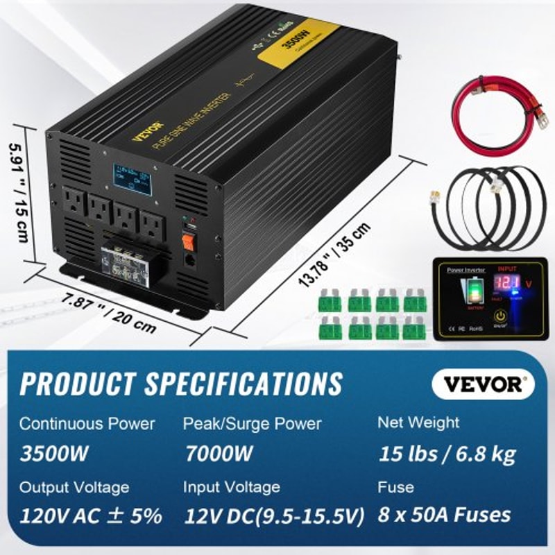 Pure Sine Wave Power Inverter, DC to AC Car Inverter with Remote Control, USB Port, LCD Screen & AC Outlets