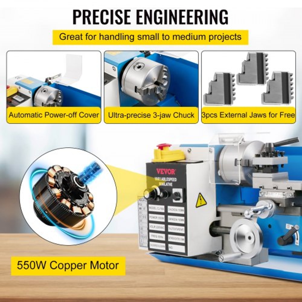 Precision Mini Wood & Metal Bench Lathe 550W Turning Machine, Variable Speed, Heavy-Duty Gear, Professional Threading