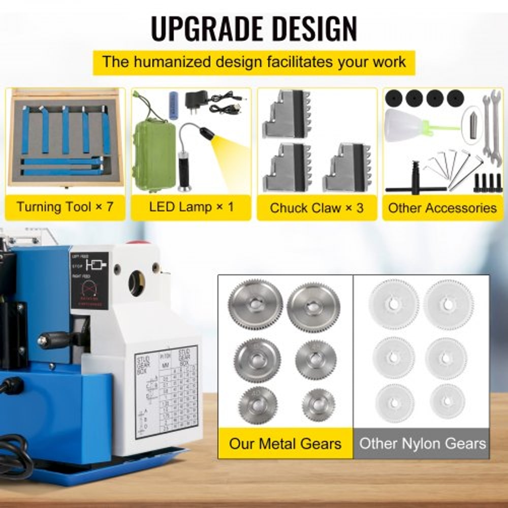 Precision Mini Wood & Metal Bench Lathe 550W Turning Machine, Variable Speed, Heavy-Duty Gear, Professional Threading